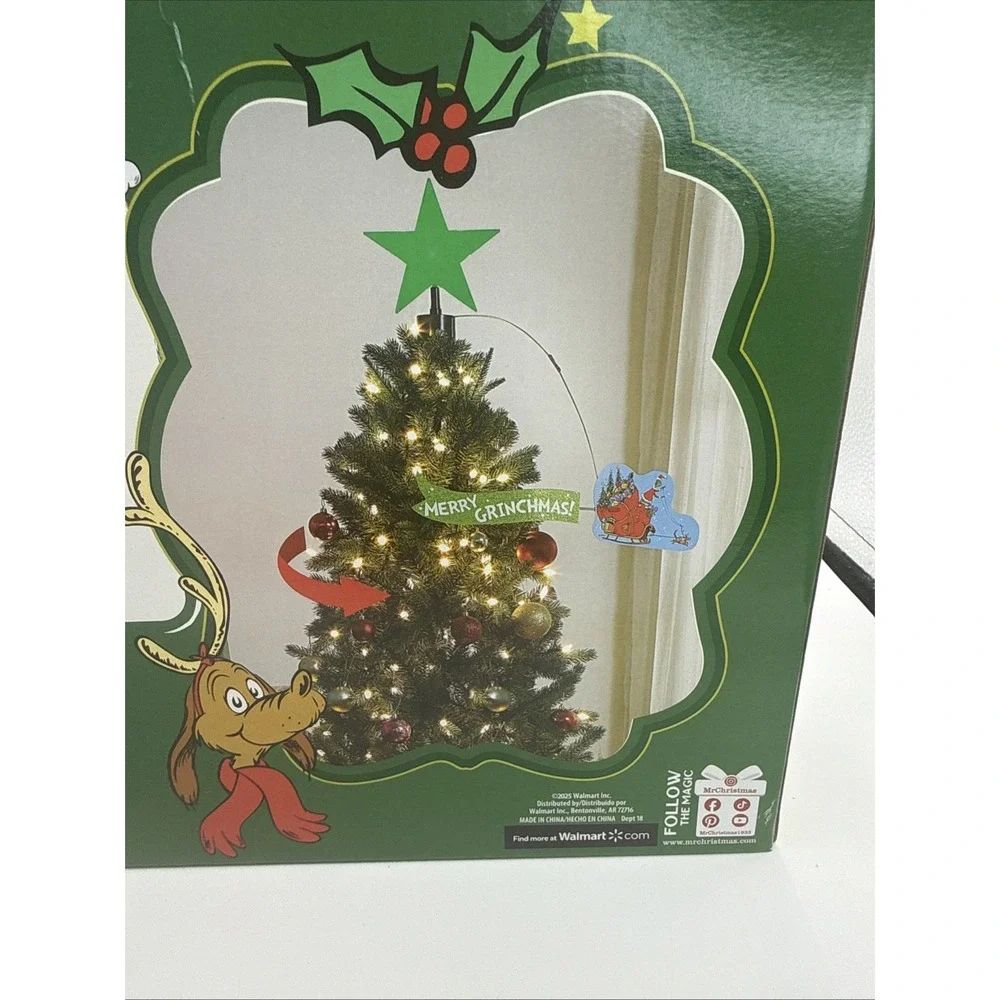 Grinch Animated Christmas Tree Topper Lit Star & Circling Sleigh Mr. Christmas
